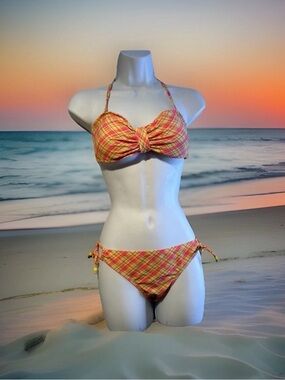 Capri Plaid Twist Halter Bikini Set - Yellow & Pink Size Medium
